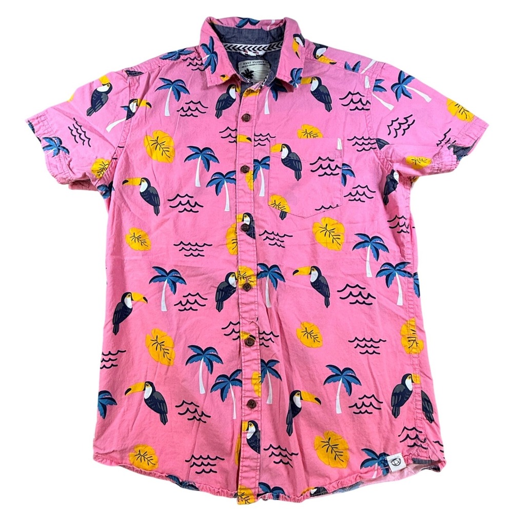 Free‎ Planet Mens Shirt Toucan Tropical Print Small Pink Cotton Button Down